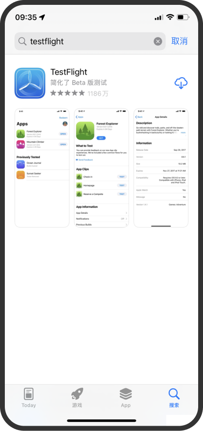 TestFlight 在 App Store 中的下载页面示意